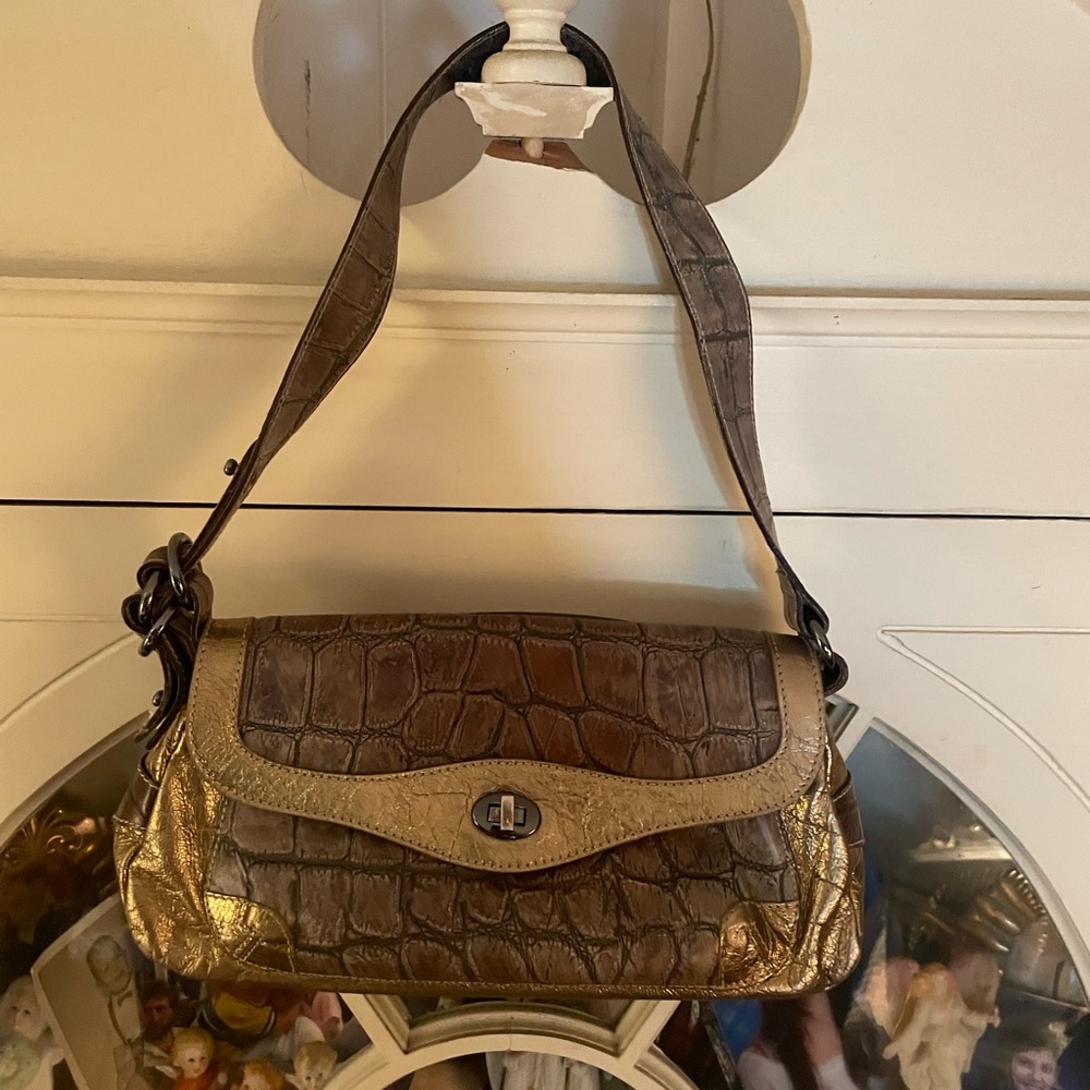 Classic Brown and Gold Shoulder Bag with Structured Design